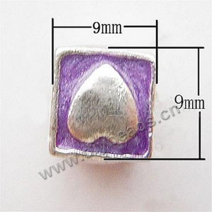 Bead, big-hole beads,silver-plated pewter and enameled ,purple, 9x9mm cube with heart, 4.5mm hole. Sold per pkg of 10ps