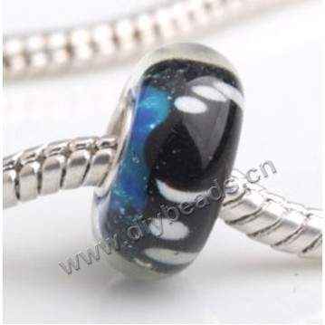 Bead, big-hole beads,Lampworked glass and 925 sterling silver grommet,black,14x7mm rondelle with 4.5 mm hole,sold per pkg of 50ps