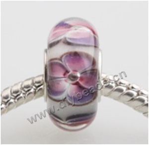 Bead, big-hole beads,Lampworked glass and silver-plated brass grommet,White with flower, 14x7mm rondelle with 4.5 mm hole,sold per pkg of 50ps
