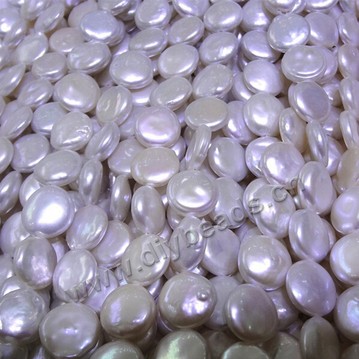 Pearl broque, coin shape pearls cultured freshwater, white, 12--13mm flat round. Sold by strands.