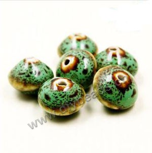 Bead, fancy glaze porcelain, green, 15x11mm saucer. Sold per pkg of 30 beads 