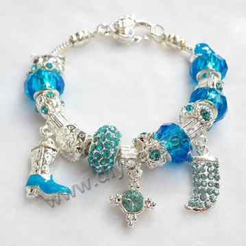 Bracelet,alloy and lampwork glass,light blue ,large hole beads,Sold per package of 1 piece