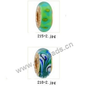 Bead,big-hole beads ,lampworked glass with brass grommets,mixed colors and designs,6x12mm-8x14mm rondelle ,4mm spiral hole,sold per pkg of 10ps