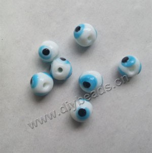 Bead, lampworked glass, opaque white, 8mm round with wards off 3 evil eye design. Sold per pkg of 20.