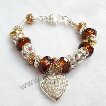 Bracelet,alloy and diamond,brown,large hole beads,Sold per package of 1 piece