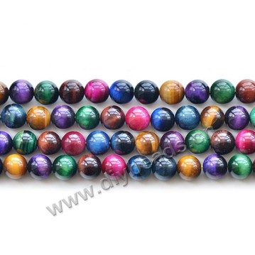 Bead, mixed color tigereye beads (dyed), 8mm round AA grade. Sold per 16-inch strand