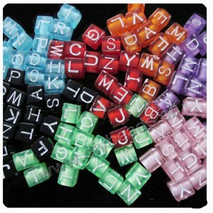 Bead, acrylic,multicolored with white alphabet, 6x7mm square rectangle with 4mm drill hole. Sold per pkg of 400