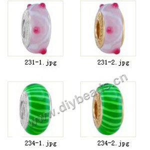 Bead,big-hole beads ,lampworked glass with silver-finished brass grommets,mixed colors and designs,6x12mm-8x14mm rondelle ,4mm spiral hole,sold per pkg of 10ps