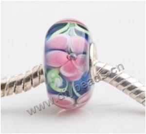 Bead, big-hole beads,	Lampworked glass and silver-plated brass grommet,Purple with flower, 14x7mm rondelle with 4.5 mm hole,sold per pkg of 50ps