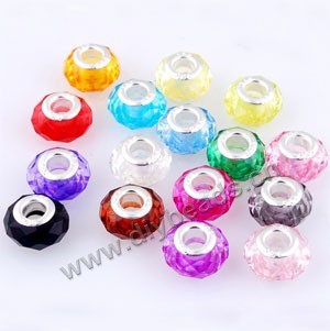 Bead mixed, big-hole acrylic beads with silver-finished brass grommets,multicolored, 14x10mm faceted rondelle with 5mm hole.Sold per pkg of 500.