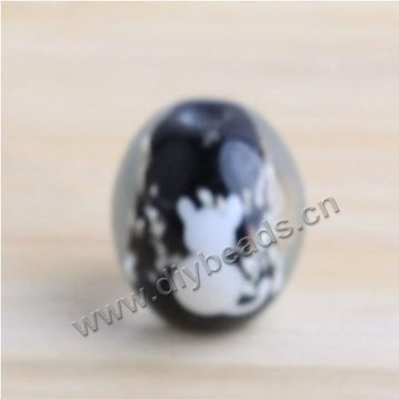 Bead, lampworked glass,black with animal, 14x14mm round.mini order 50pc 