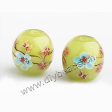 Bead,Japan lampworked glass,green with plum flower, 16x16mm round.mini order 100pc 