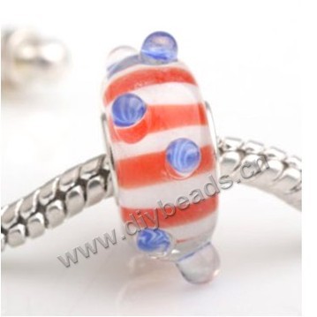 Bead, big-hole beads,Lampworked glass and silver-plated brass grommet,white with stripe,14x7mm rondelle with 4.5 mm hole,sold per pkg of 50ps