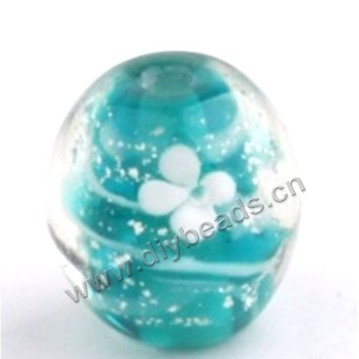 Bead, lampworked glass,blue with flower, 16x16mm round.mini order 50pc 