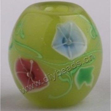 Bead, lampworked glass,green with flower, 20x20mm round.mini order 50pc 