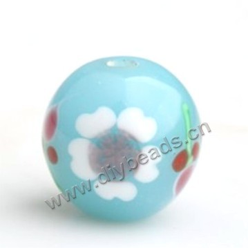 Bead,Japan lampworked glass,blue with bright flower, 16x16mm round.mini order 100pc 