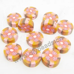 Bead, polymer clay, pink/yellow, 10x4mm double-sided flat round with flower. Sold per pkg of 24.