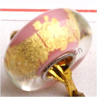 Bead, big-hole beads,Lampworked glass and silver-plated brass grommet,transparent with pinkand gold, 14x7mm rondelle with 4.5 mm hole,sold per pkg of 50ps