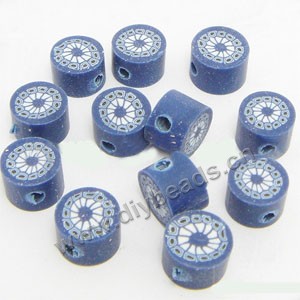 Bead, polymer clay, blue/white, 6x4mm double-sided flat round with flower. Sold per pkg of 24.