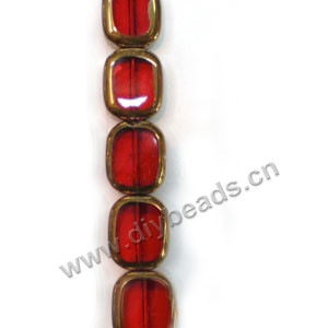 Bead, copper-plated glass, red, 10x12mm rectangle. Sold per pkg of ten 16-inch strand.