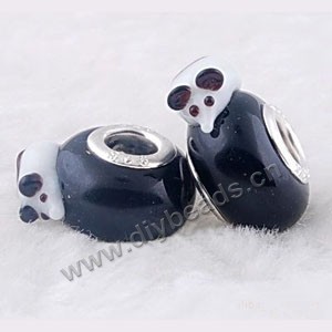Bead, big-hole beads,lampworked glass and brass grommet,black/white, 9x14mm rondelle with mouse, 4.5mm hole. Sold per pkg of 10