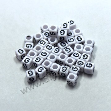 Bead, acrylic,White,alphabet is G, 6x6mm cube with 3.5mm drill hole. Sold per pkg of 100ps