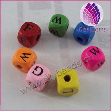 Bead, wood , mixed color, 9mm alphabet beads. Sold per pkg of 100ps.