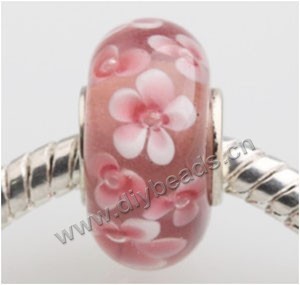 Bead, big-hole beads,	Lampworked glass and 925 sterling silver grommet,pink with flower, 14x7mm rondelle with 4.5 mm hole,sold per pkg of 50ps