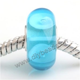 Bead, big-hole beads,Lampworked glass and silver-plated brass grommet,blue ,14x7mm rondelle with 4.5 mm hole,sold per pkg of 50ps