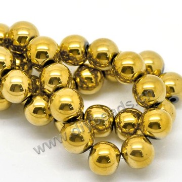 hematite Bead,gold plated,8mm round. Sold per 5strands