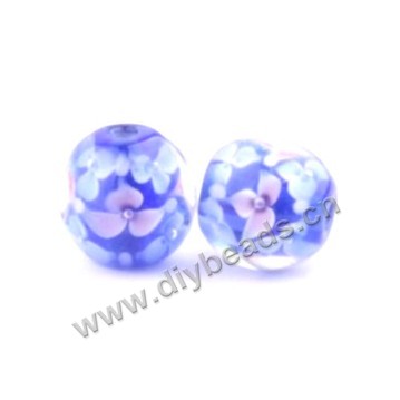 Bead, lampworked glass,purple with flower, 16x16mm round.mini order 50pc 