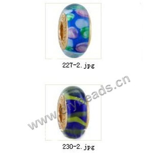 Bead,big-hole beads ,lampworked glass with brass grommets,mixed colors and designs,6x12mm-8x14mm rondelle ,4mm spiral hole,sold per pkg of 4ps