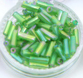 Bugle bead, glass beads, rainbow grass green,#3(6x2mm) bugle tube. Sold per pkg of 300 grams, approximately 9,000ps