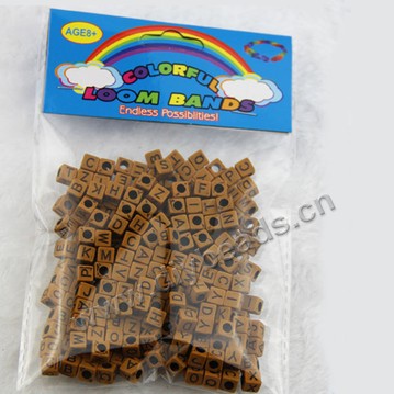 Bead, acrylic,coffe with black alphabet, 6x6mm cube with 4mm drill hole. Sold per pkg of 250