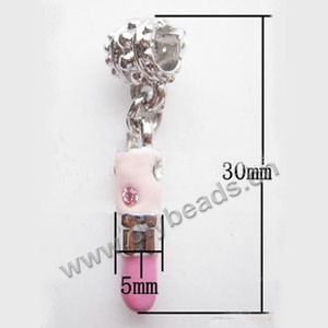 Charm, big-hole beads,silver-plated pewter and enameled , pink, 5x30mm lipstick  with rhinestone,and  4mm hole. Sold per pkg of 10ps