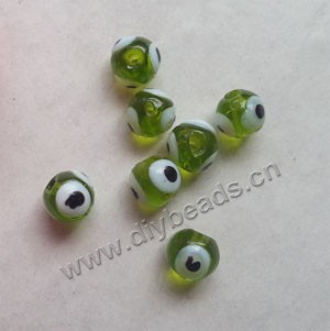 Bead, lampworked glass, lime green, 8mm round with 3 wards off  evil eye design. Sold per pkg of 20.
