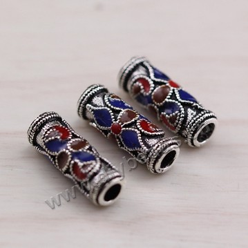 Enamel Bead, 925 Thai silver, round tube, 5*10mm, 2mm hole, multicolored, Sold per pkg of 1 bag-5 pieces.