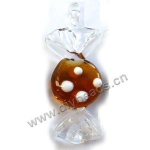 Pendant, lampworked glass, brown,white, 40x15mm candy round. Sold per pkg of 5.