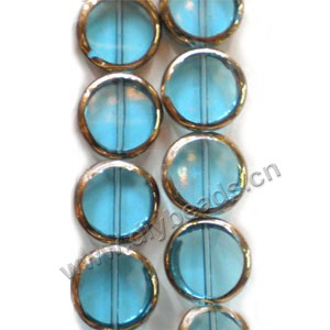 Bead, copper-plated glass, turquoise blue, 15mm flat round. Sold per pkg of ten 16-inch strand.