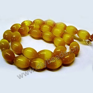 Bead, cat's eye glass, yellow, 14x10mm  oval. Sold per 16-inch strand,approximately 28 beads .