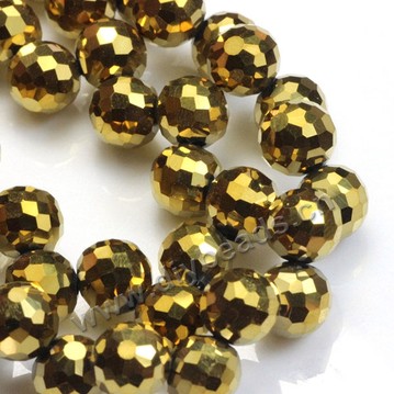 Bead, plated glass, gold, 8mm 128 faceted round, side hole, sold per pkg 1 strands-(100ps/strand).