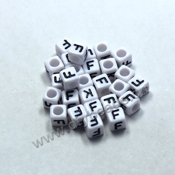 Bead, acrylic,White,alphabet is F, 6x6mm cube with 3.5mm drill hole. Sold per pkg of 100ps