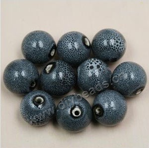 Bead , fancy glaze porcelain,grey, 16mm round. Sold per pkg of 30 beads. 