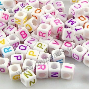 Bead, acrylic,mixed color,alphabet, 6x6mm cube with 2mm drill hole. Sold per pkg of 1000pcs