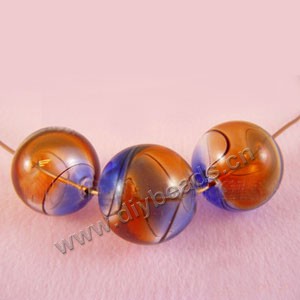 Bead, hand-blown glass, cobalt blue/orange, 13mm hollow round. Sold per pkg of 10