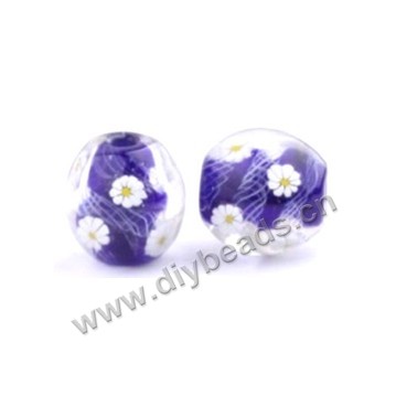 Bead, lampworked glass,purple with flower, 16x16mm round.mini order 50pc 