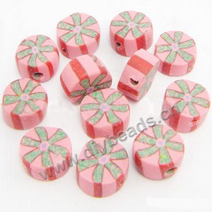 Bead, polymer clay, pink/green, 6x4mm double-sided flat round with flower. Sold per pkg of 24.