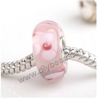 Bead, big-hole beads,Lampworked glass and silver-plated brass grommet,pink with flower,14x7mm rondelle with 4.5 mm hole,sold per pkg of 50ps