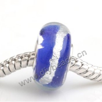 Bead, big-hole beads,Lampworked glass and 925 sterling silver grommet,blue with stripe,14x7mm rondelle with 4.5 mm hole,sold per pkg of 50ps
