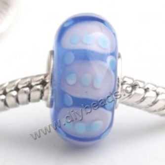 Bead, big-hole beads,Lampworked glass and silver-plated brass grommet,blue with circle,14x7mm rondelle with 4.5 mm hole,sold per pkg of 50ps